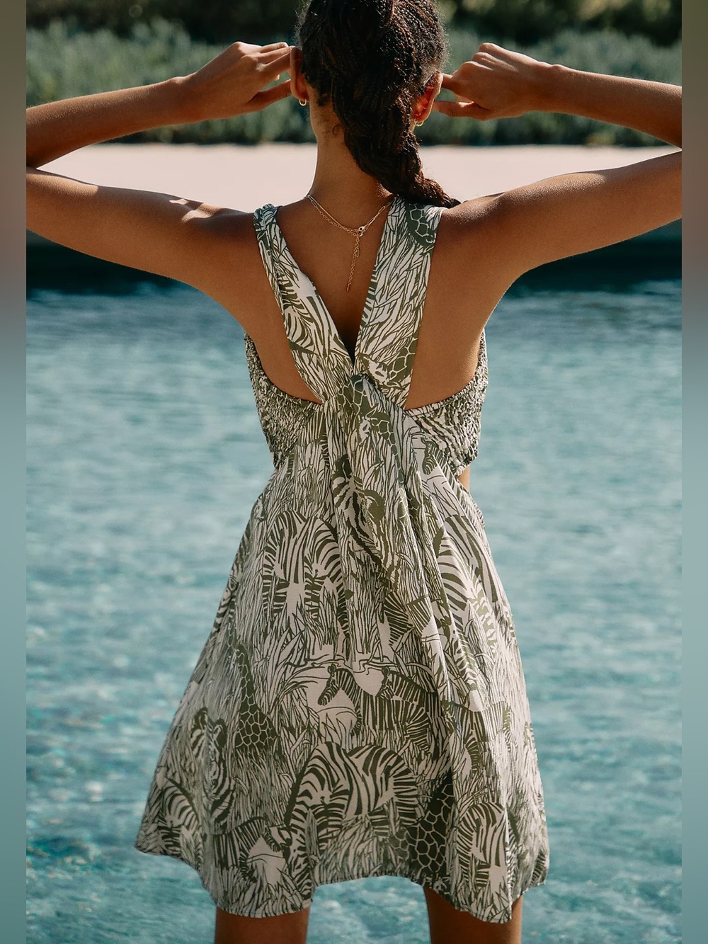 Anthropologie Piper Square-neck Smocked Cut-out Mini Dress in Moss Safari Print - Picture 2 of 8